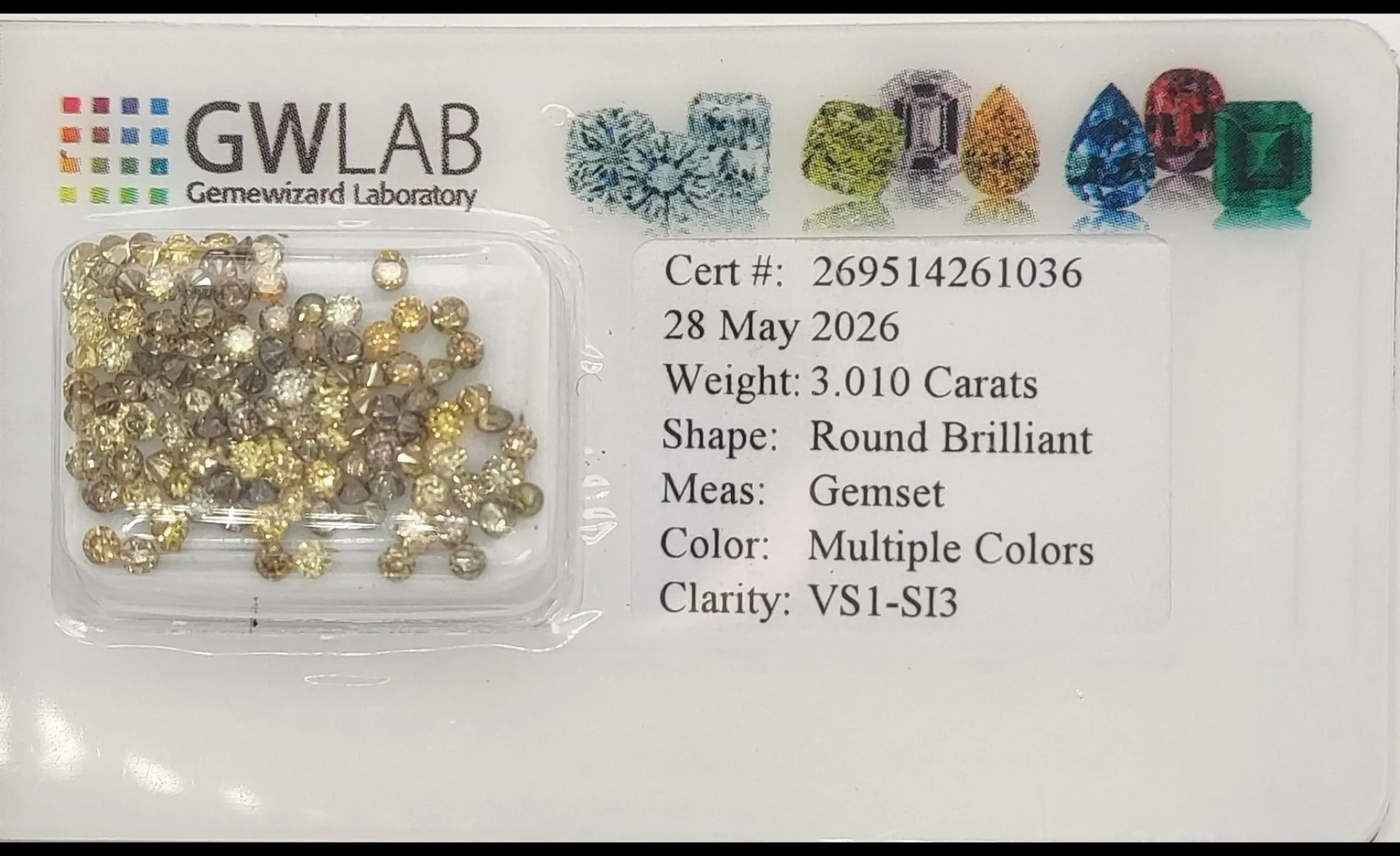 Diamonds, Fancy Mixed Colors Round Cut, Natural – 3.01 Carats